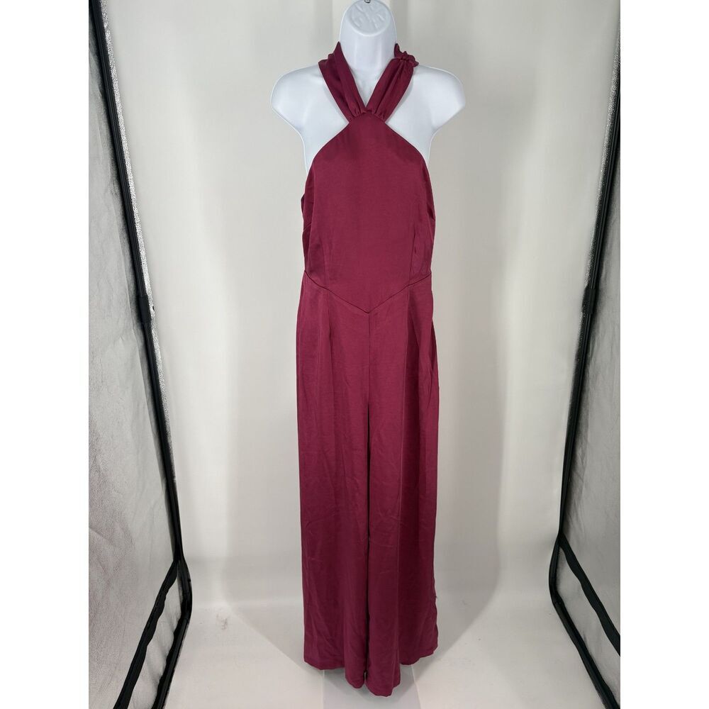 Burgundy Halter Wide Leg Jumpsuit | Open Back Formal
